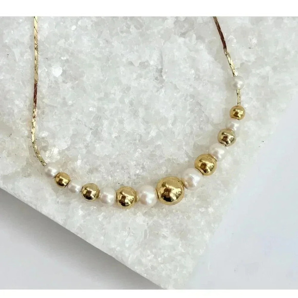 Vintage Gold & Pearl Adorned Cobra Style Chain Retro Necklace - 18" - Picture 1 of 6